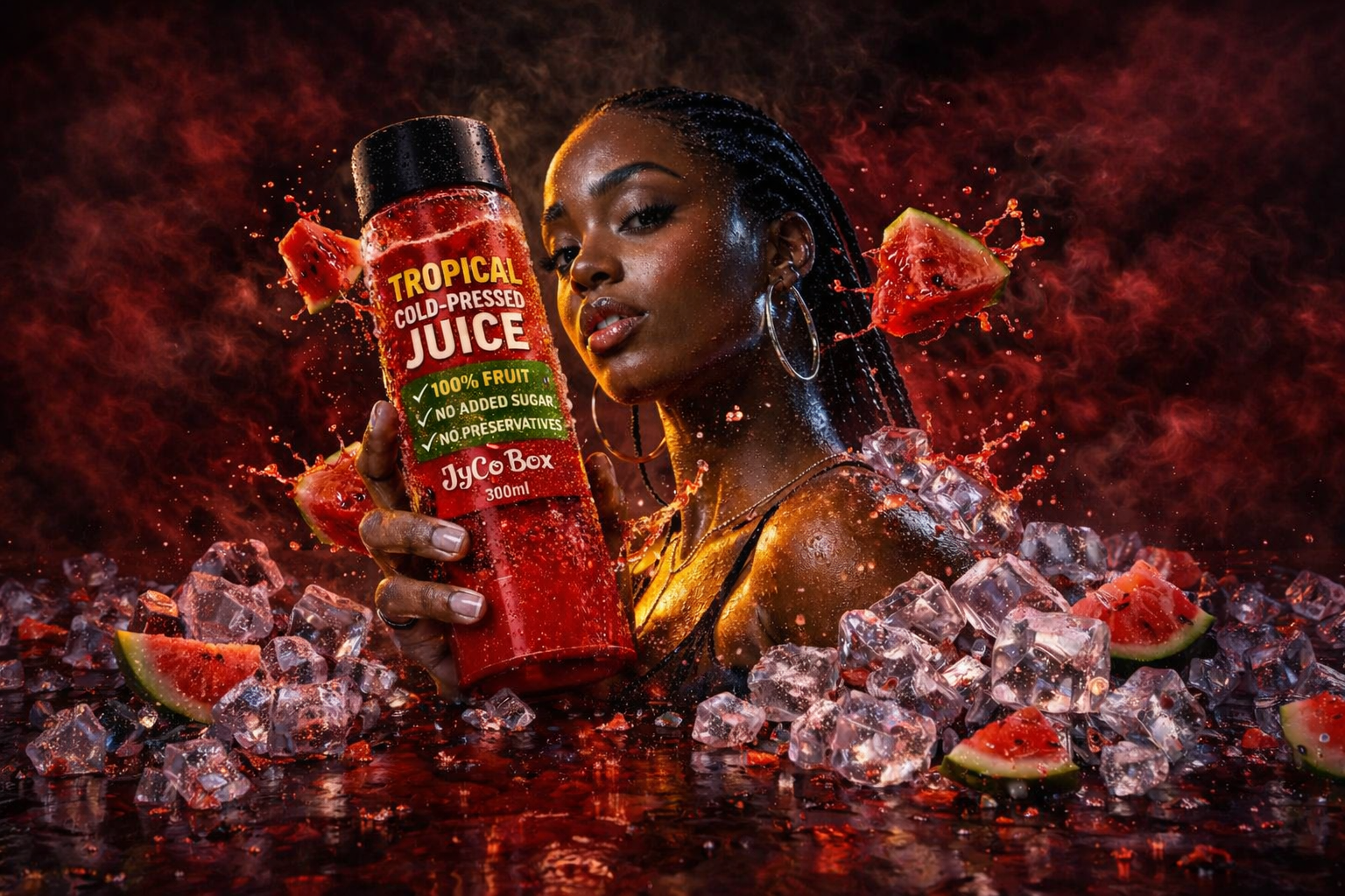 JycoBox Tropical Cold-Pressed Juice — a woman holding a vibrant red watermelon juice bottle surrounded by ice and watermelon splashes