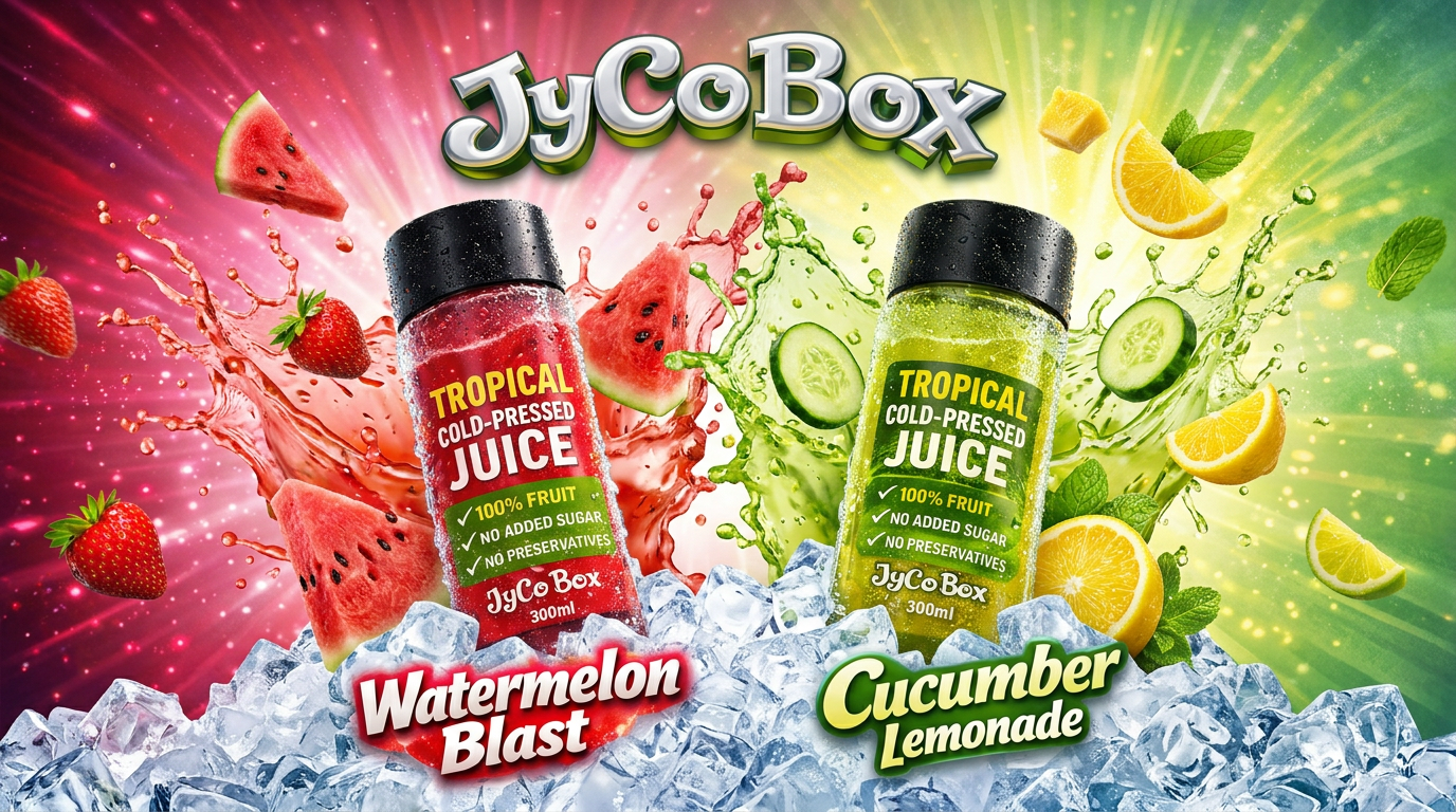 JycoBox Watermelon Blast and Cucumber Lemonade bottles on a mountain of ice with red and green juice splashes