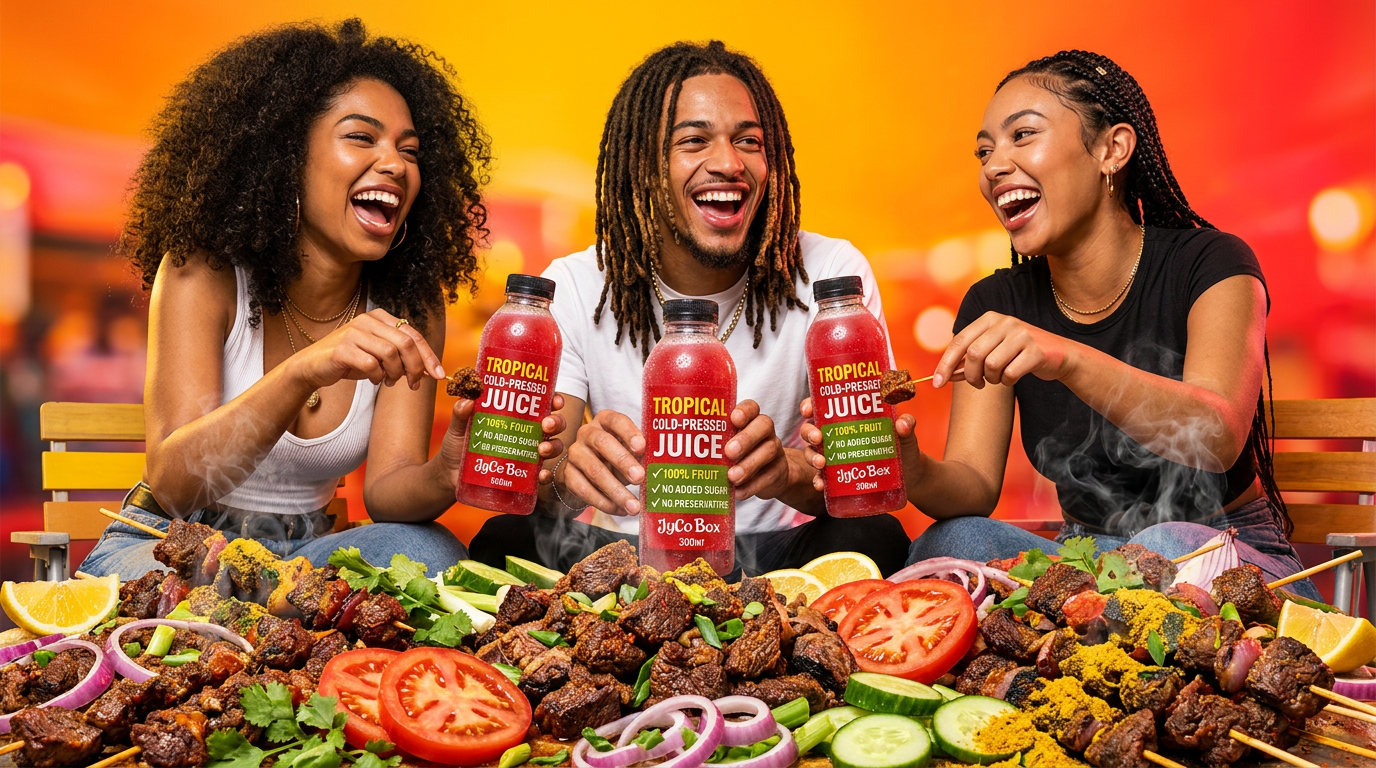 Three diverse friends dancing on a golden background between two giant JycoBox Tropical Cold-Pressed Juice bottles
