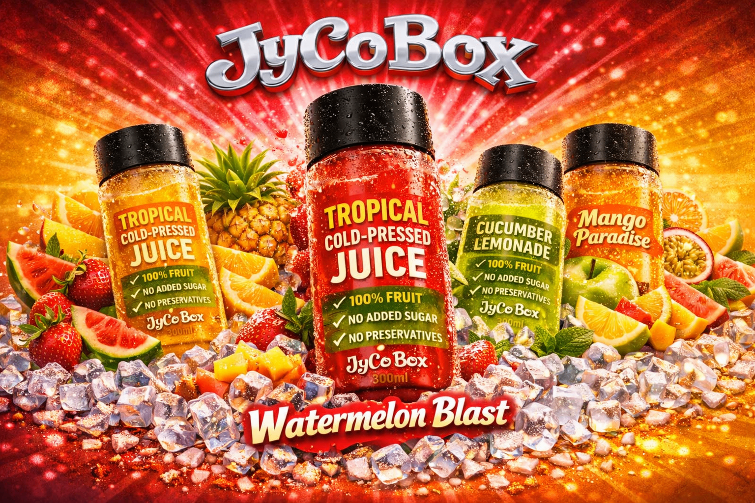 JycoBox flavor lineup — Mango Paradise, Watermelon Blast, Cucumber Lemonade and tropical cold-pressed juice