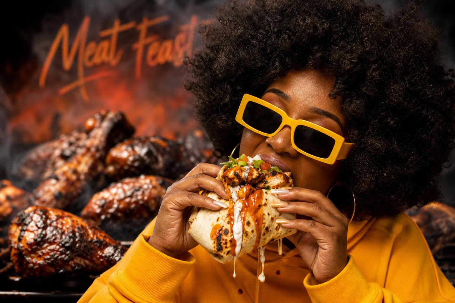 Meat Feast — stunning woman enjoying a loaded chicken wrap with fresh condiments and sauce